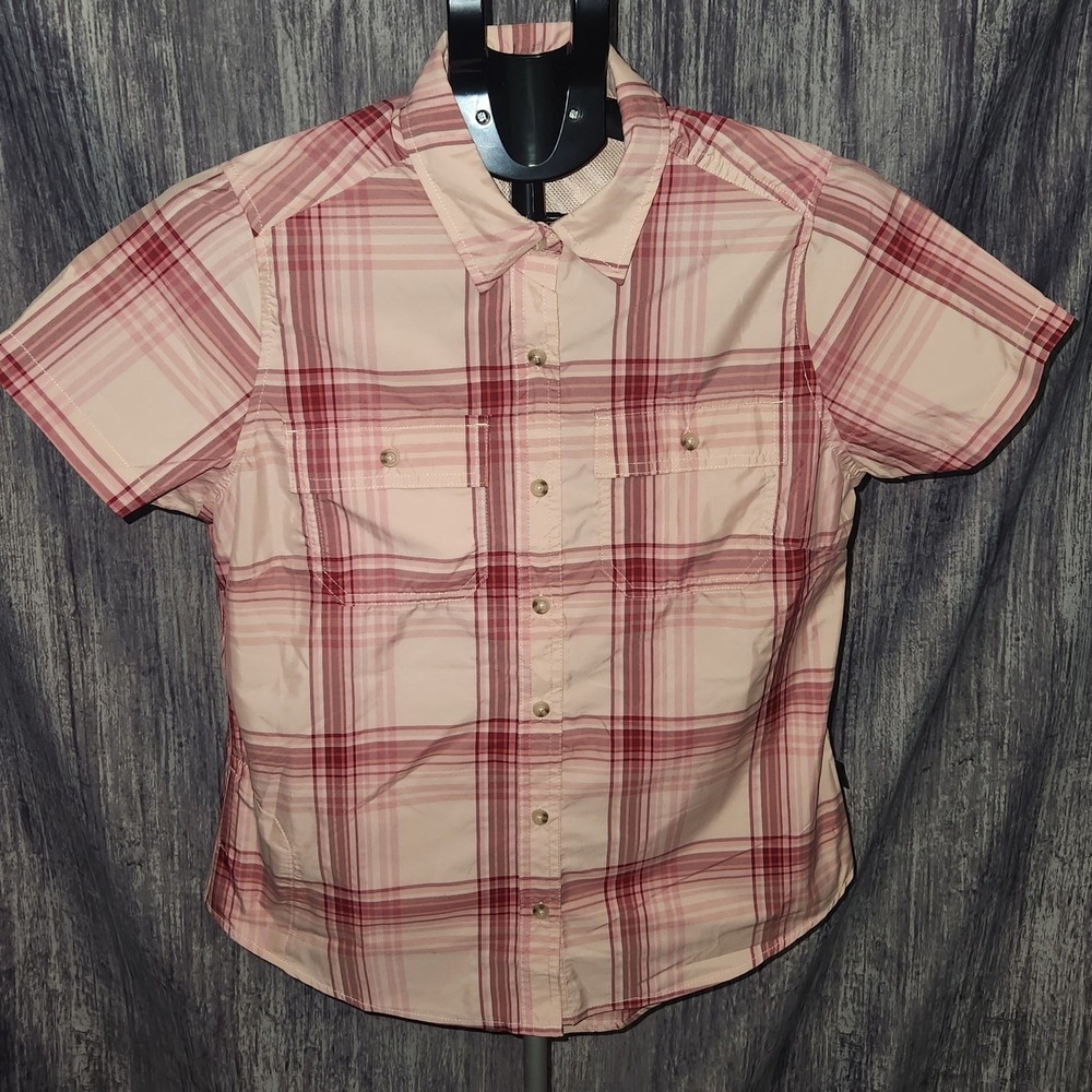 Eddie Bauer Womens Small Peach Starling Plaid Short Sleeve‎ Shirt UPF 50